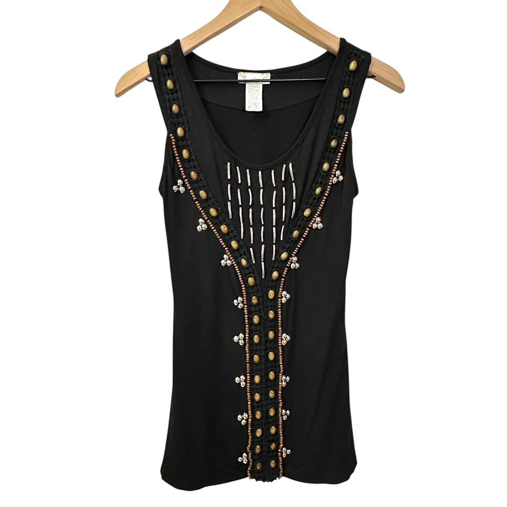 Strut Boho Wood Beaded Tunic Tank Top Black Crochet Festival Western Tribal S‎